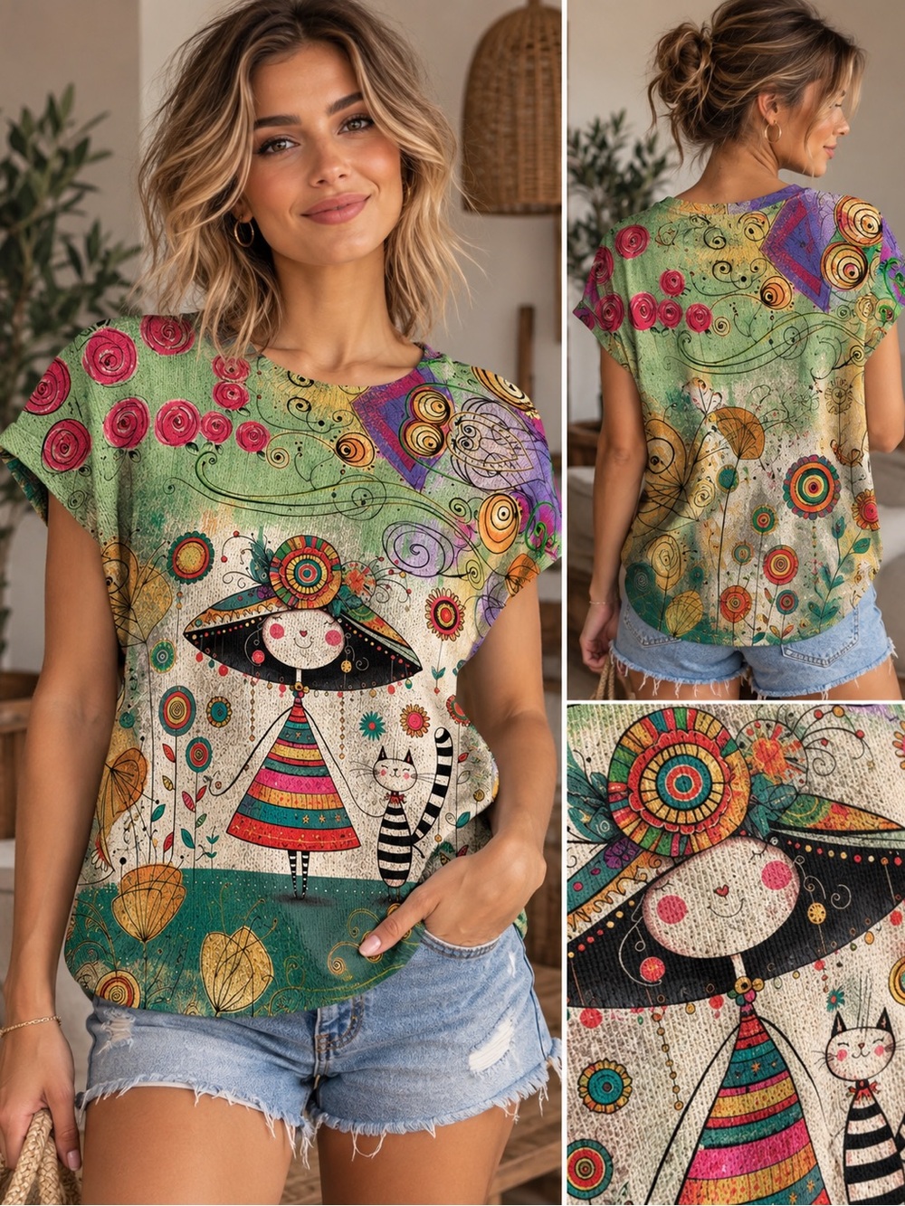 Whimsical Garden Print Short Sleeve knit 🧶 Top - Multicolor